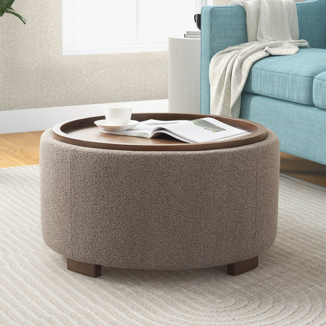 Caysey 30.1" W Upholstered Round Storage Ottoman with Wooden Tray